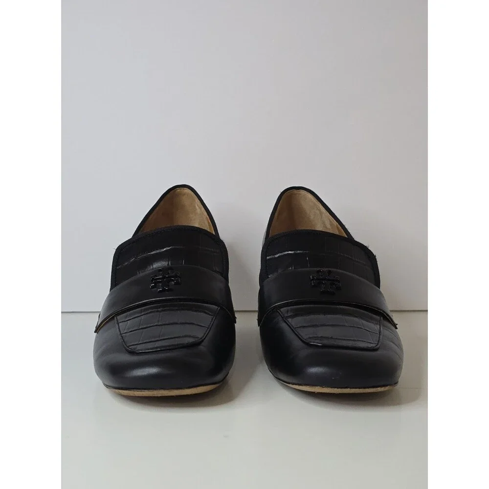 Tory Burch Everly Block Heel Loafers Womens 10 Black Leather Croc Embossed Logo